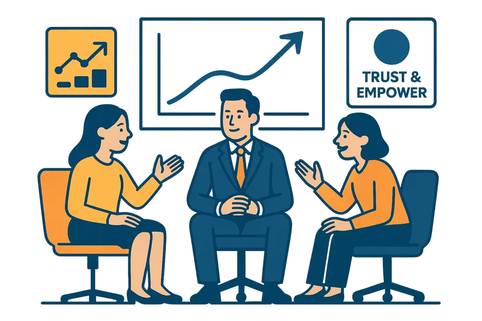 Quản lý thực hành lắng nghe chủ động và đồng cảm với nhân viên trong phiên coaching 1-1.
