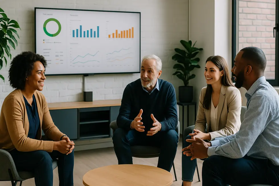 Hình ảnh bao quát nhóm đa dạng, phối hợp coaching và công nghệ trong không gian doanh nghiệp 16:9.