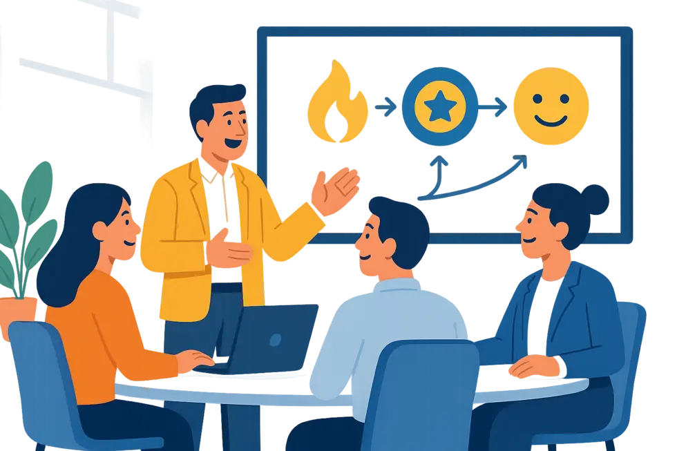 Phòng họp hiện đại, lãnh đạo và đội ngũ trao đổi về KPI trong không khí đầy cảm hứng, tích cực.