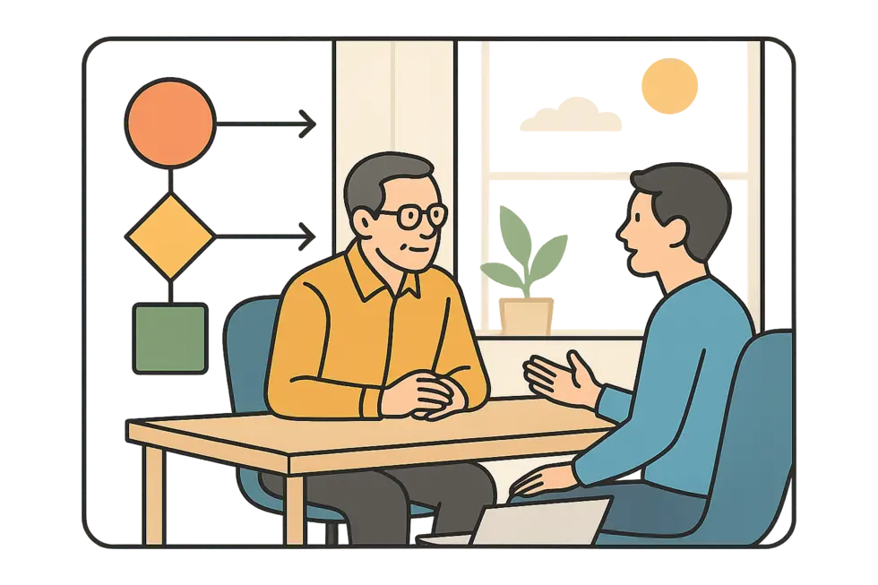 Quản lý thực hành lắng nghe chủ động và đồng cảm với nhân viên trong phiên coaching 1-1.
