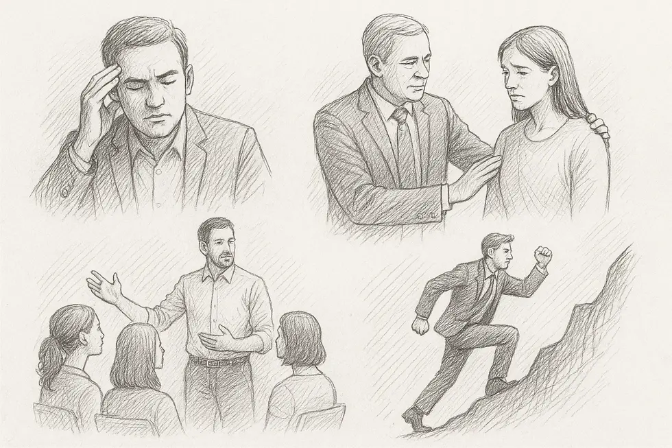Collage of leadership scenarios highlighting emotional intelligence traits.