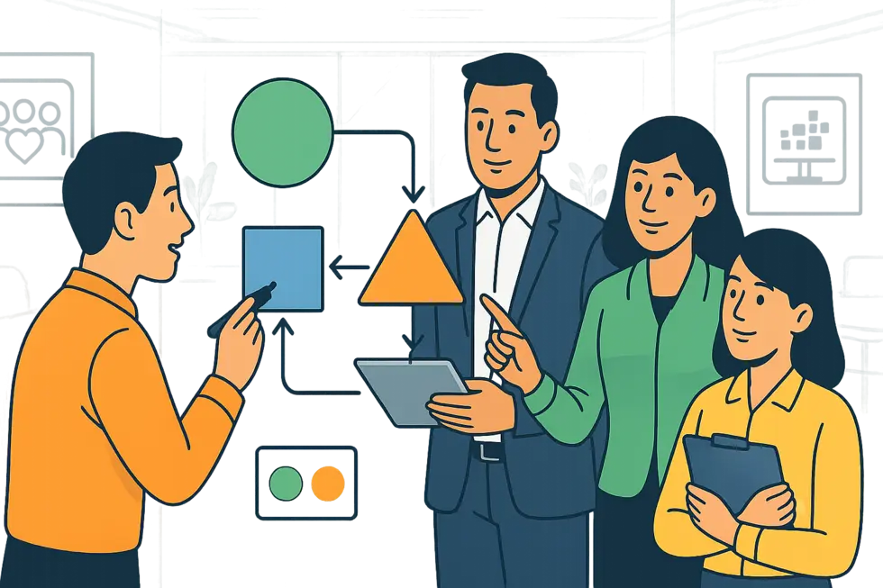 Đội ngũ doanh nghiệp phân tích nền tảng số hiện đại và ứng dụng AI trong chuyển đổi.