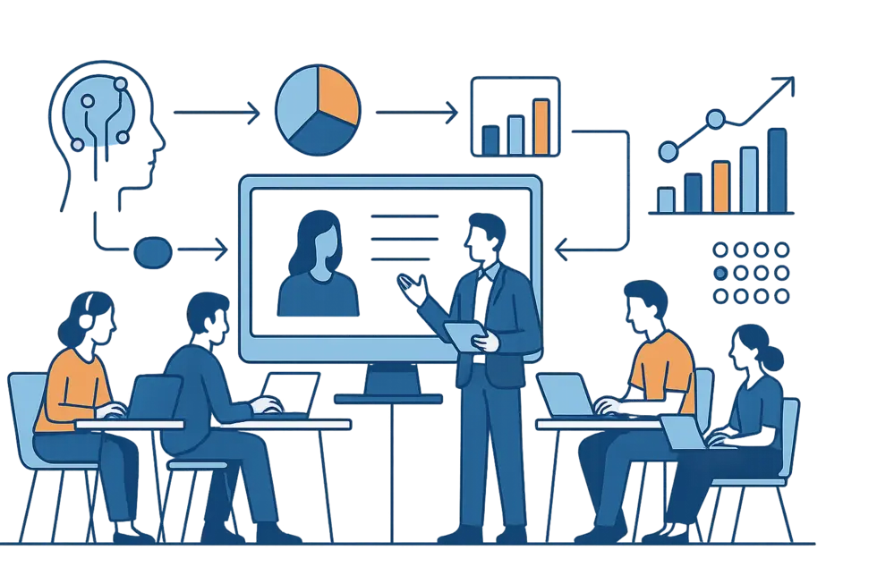 Hình ảnh tổng quan về sự thay đổi trong đào tạo nhân sự nhờ AI và Big Data, với không gian làm việc số hiện đại.