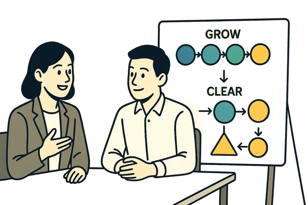 Nhà quản lý hướng dẫn nhân viên, mô hình coaching trên bảng trắng trong văn phòng hiện đại.