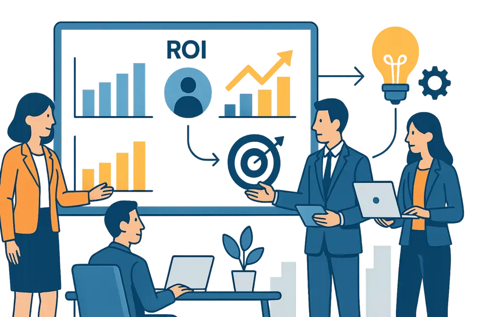 Nhà quản lý, HR và trainer hợp tác phân tích dữ liệu ROI đào tạo trên màn hình lớn trong môi trường doanh nghiệp hiện đại.
