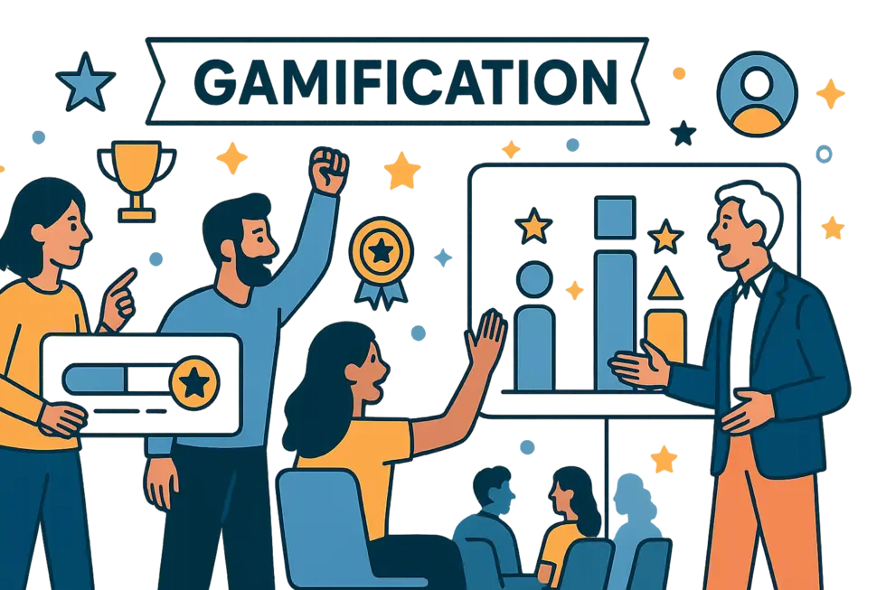Lớp đào tạo doanh nghiệp sôi động với game hóa: bảng xếp hạng, huy hiệu, tương tác đội nhóm hiển thị nổi bật trên màn hình lớn.