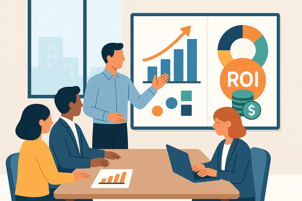 Các nhà quản lý phân tích dữ liệu ROI để đánh giá hiệu quả kinh tế của hoạt động đào tạo.