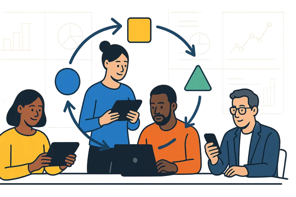 Nhóm nhân viên đa dạng tham gia học microlearning qua thiết bị số trong văn phòng hiện đại với nền công nghệ số.