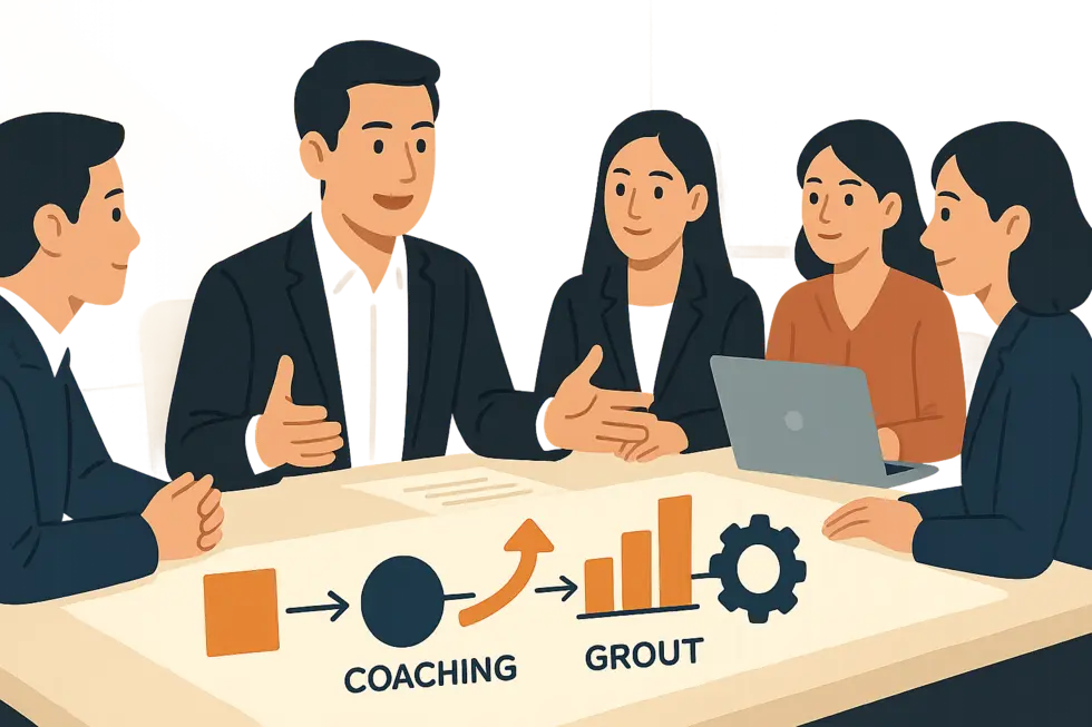 Quản lý Việt cùng đội nhóm trong văn phòng, trao đổi về coaching với bảng biểu phát triển trên bàn.