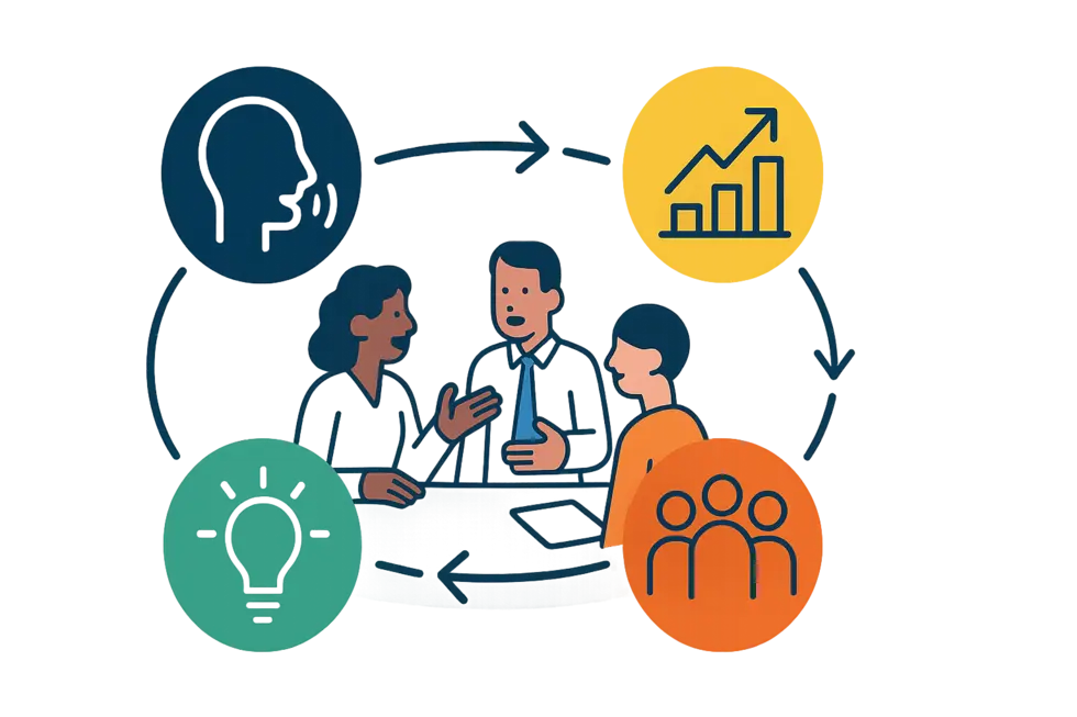 Cảnh coaching năng động giữa lãnh đạo và đội nhóm trong môi trường làm việc tích cực, hiện đại.