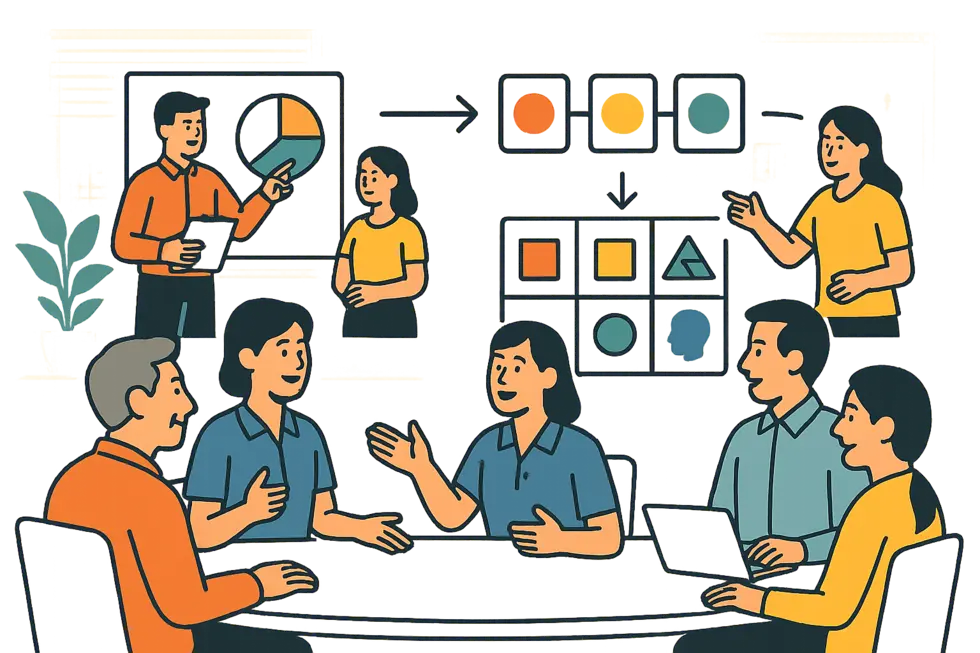 Các nhà quản lý và trainer thảo luận sâu về biểu đồ DISC và MBTI nhằm thấu hiểu tính cách đội ngũ.