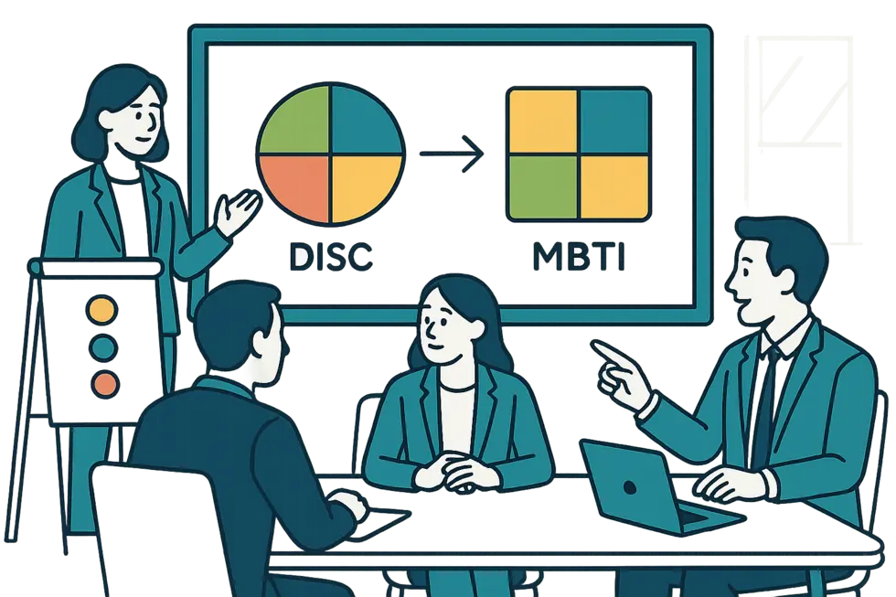 Các nhà quản lý và trainer thảo luận sâu về biểu đồ DISC và MBTI nhằm thấu hiểu tính cách đội ngũ.