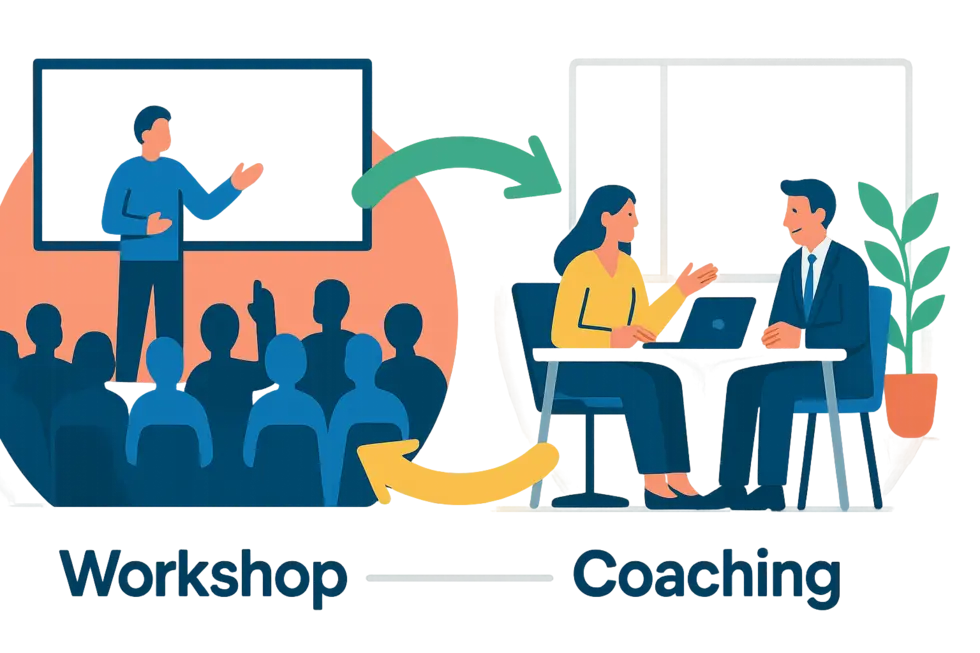 Hình tổng quan sáng tạo về workshop nhóm và coaching 1-1 cá nhân trong doanh nghiệp.