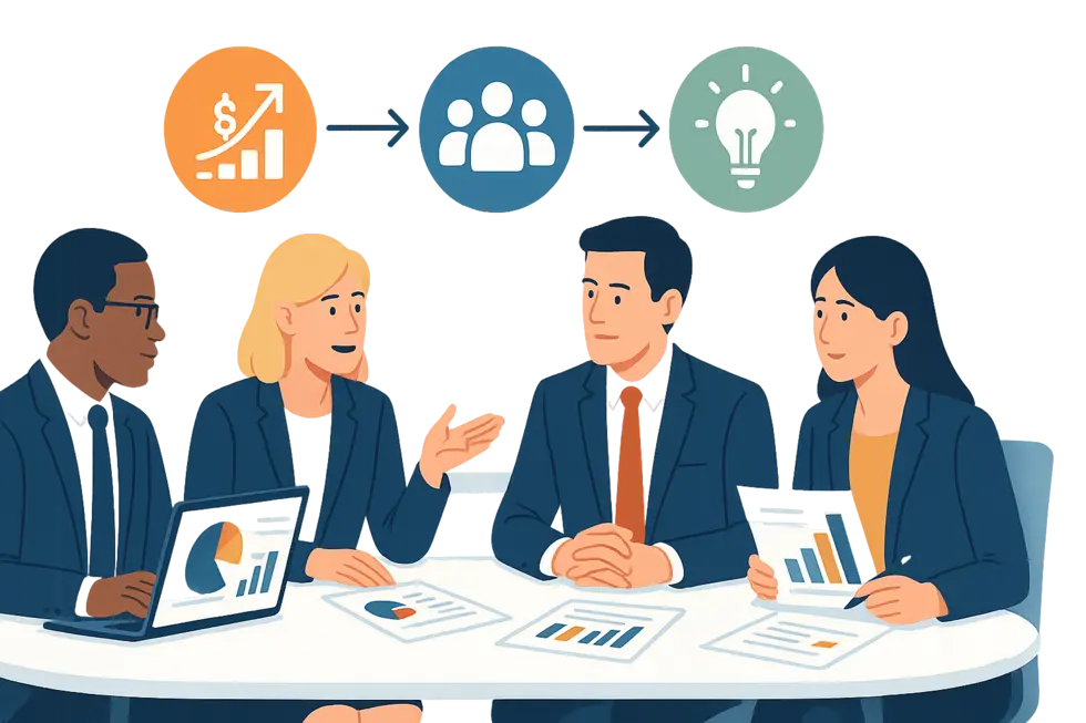 Hình ảnh hội nghị quản lý tập trung thảo luận về chi phí coaching trong không khí chuyên nghiệp, hiện đại.