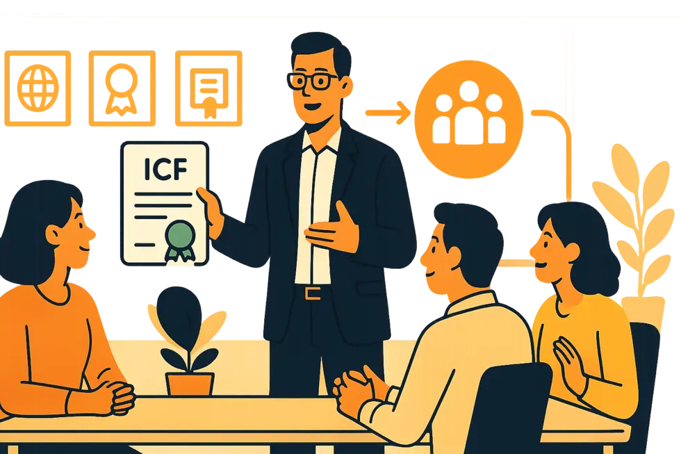 Huấn luyện viên doanh nghiệp cầm chứng chỉ ICF cùng đồng nghiệp trong văn phòng hiện đại.