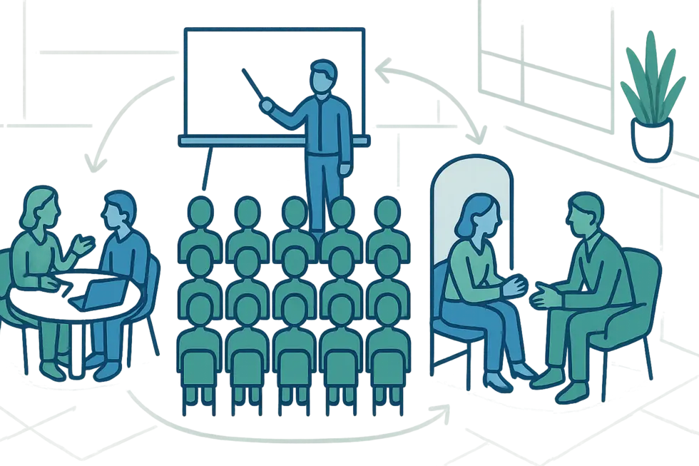 Ảnh tổng quan văn phòng với các hoạt động coaching, mentoring và training diễn ra song song.