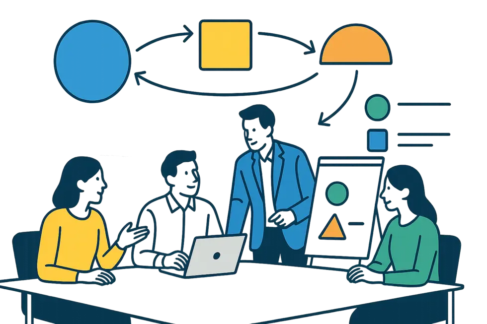 Hình ảnh đội ngũ lãnh đạo, quản lý hợp tác trong phiên coaching hiện đại tại văn phòng.