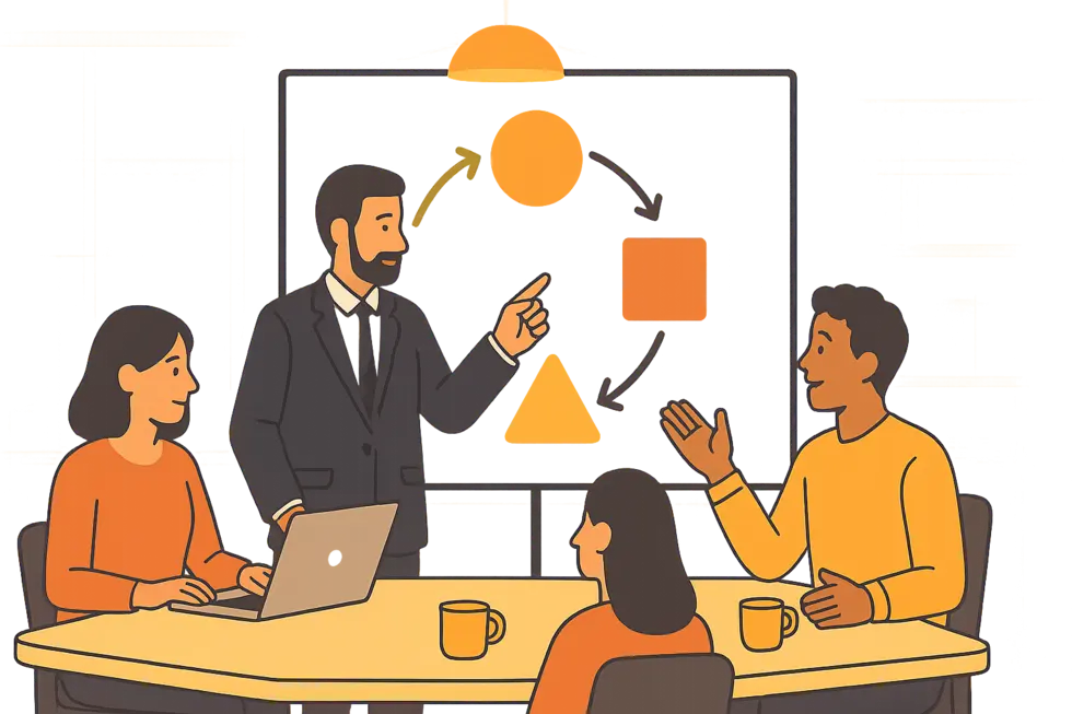 Hình ảnh lãnh đạo và nhân viên cùng xây dựng chiến lược với mô hình GROW nổi bật trên bảng.