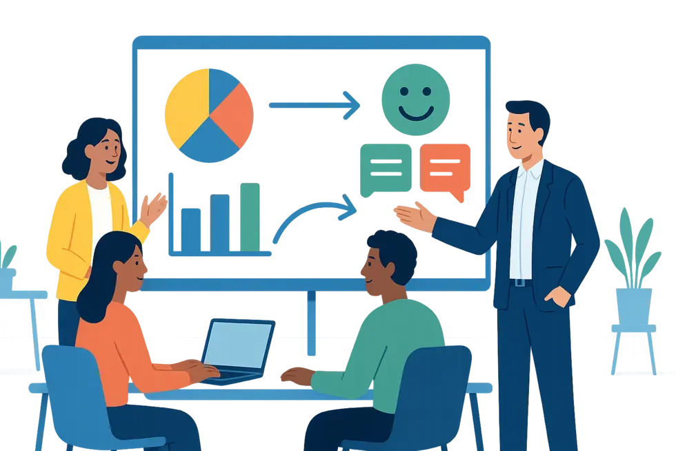 Nhóm nhân viên và quản lý trao đổi trước bảng dashboard dữ liệu đánh giá coaching hiện đại.