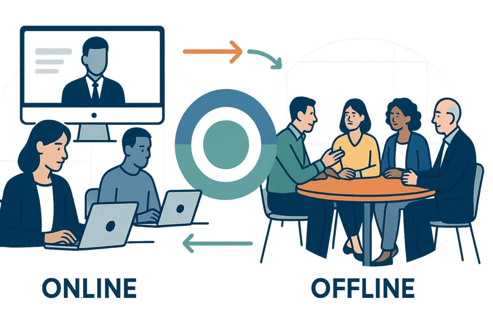 Học viên doanh nghiệp tham gia coaching kết hợp online và offline trong không gian hiện đại, lợi ích tối đa.