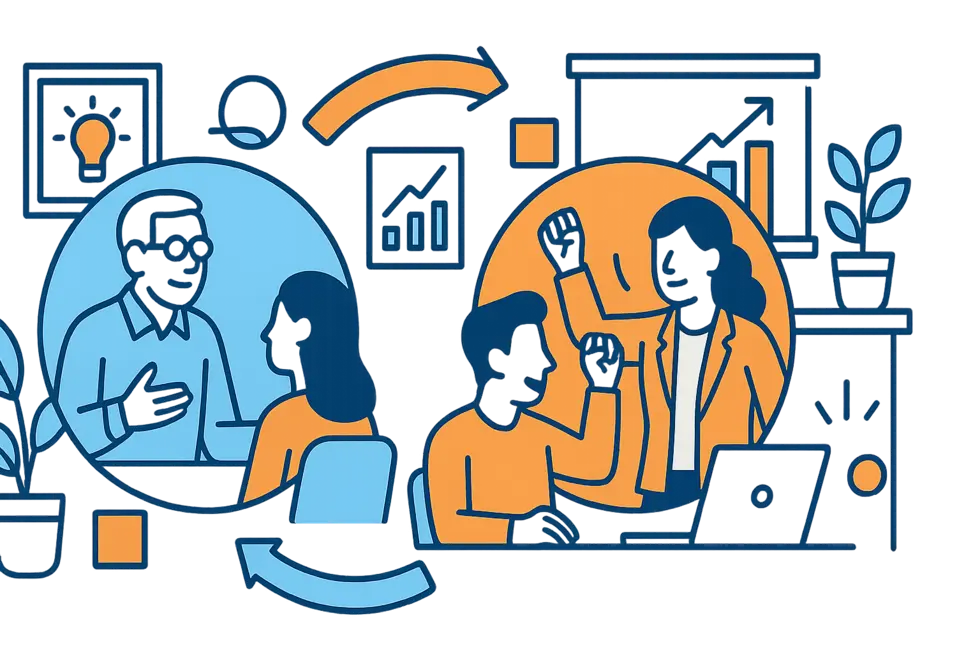 Nhóm chuyên gia doanh nghiệp đang tham gia phiên mentoring và coaching trong một không gian mở hiện đại.