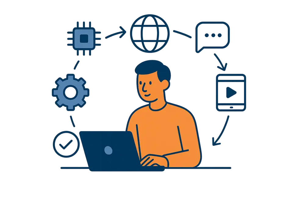 Người học dùng laptop với biểu tượng công nghệ kỹ thuật số xung quanh.