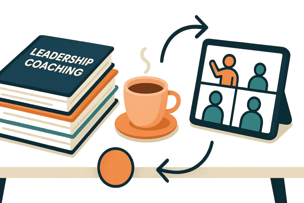 Sách coaching và lãnh đạo trên bàn cùng với cà phê và tablet.