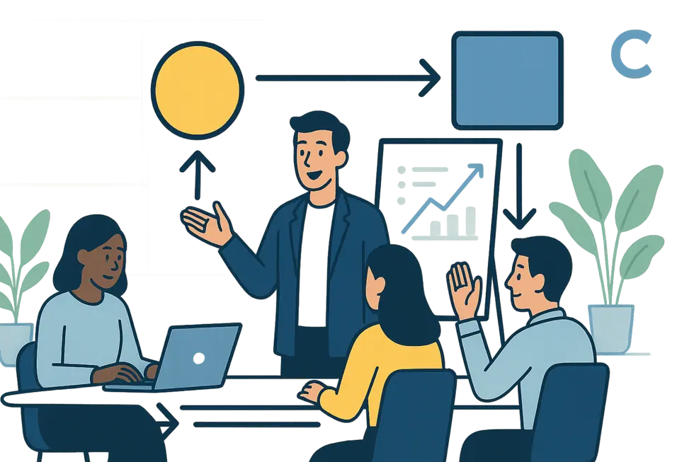 Nhóm nhân sự đa dạng đang tham gia buổi coaching năng động tại văn phòng, ánh sáng tự nhiên tươi sáng.