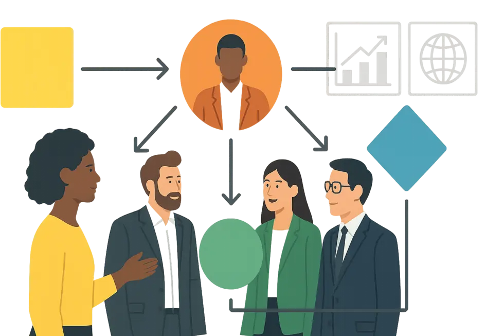 Nhóm lãnh đạo và quản lý hiện đại tham gia phiên coaching trong văn phòng hiện đại với không khí hợp tác, đổi mới.