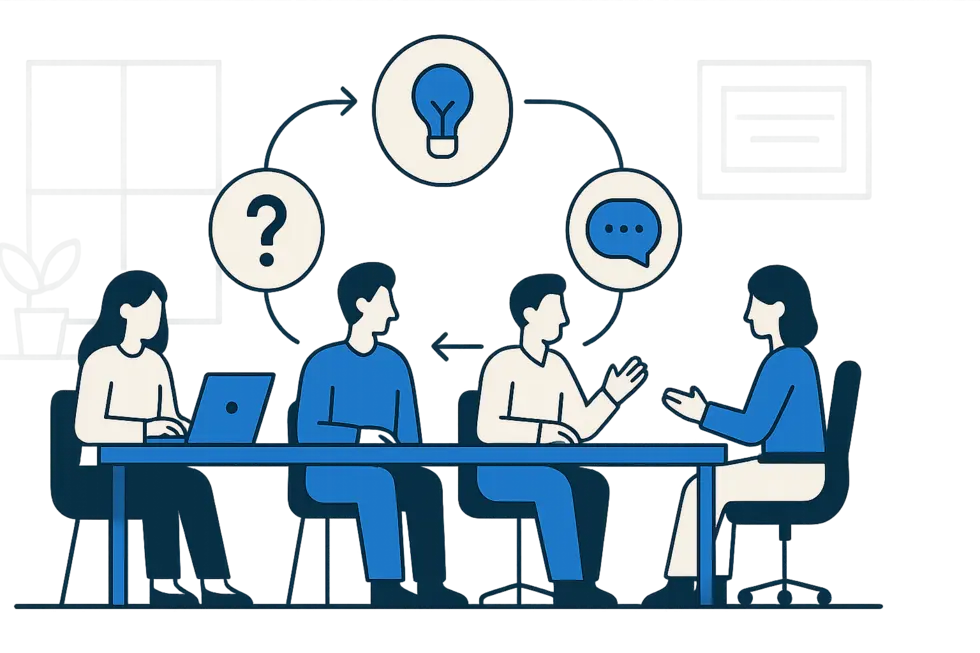 Văn phòng công ty hiện đại với những nhân viên hợp tác và thảo luận với câu hỏi coaching.