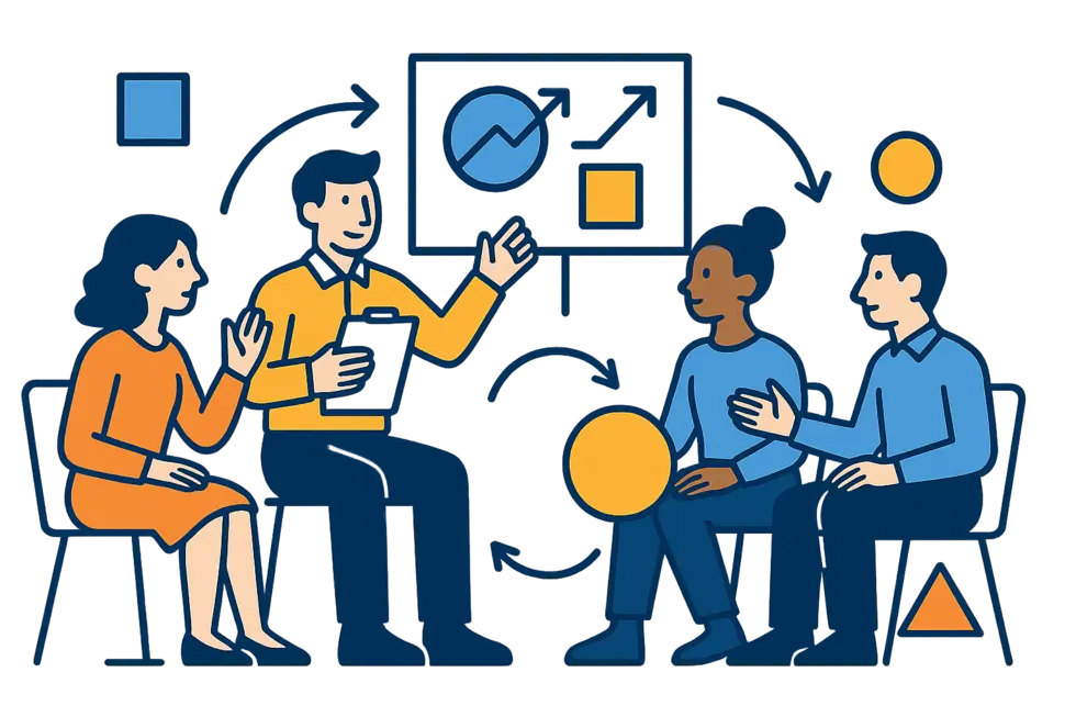 Hình ảnh bìa với nhóm chuyên gia tham gia hội thảo đào tạo coaching.