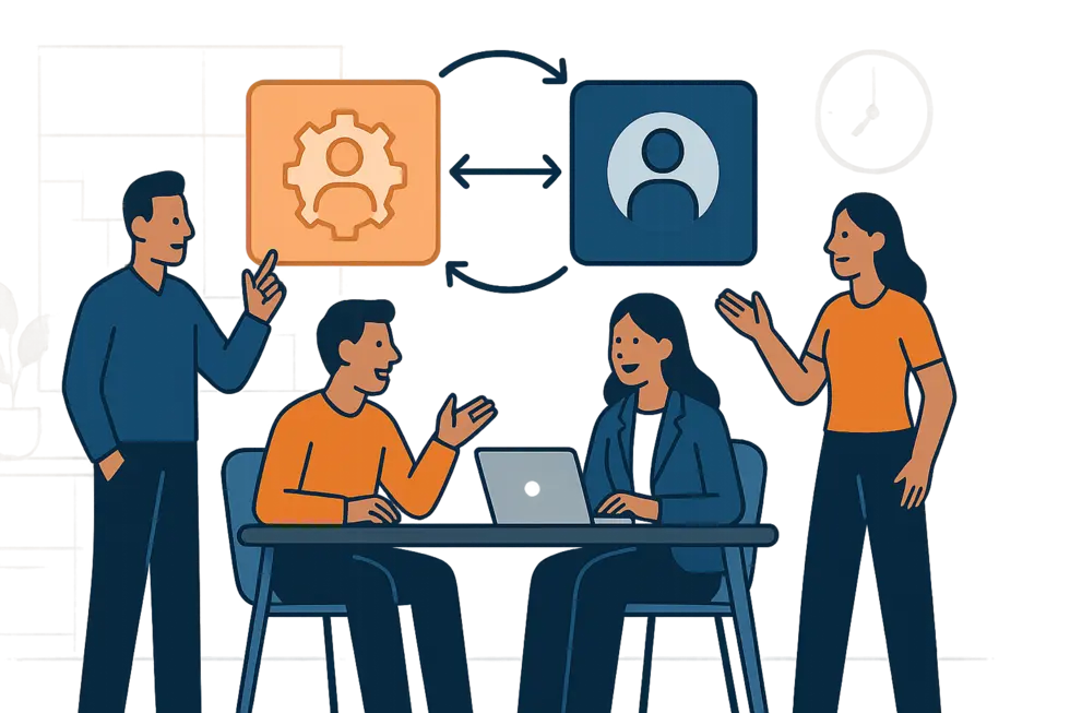 Hình ảnh văn phòng với nhân viên thảo luận về sự lựa chọn giữa hai phương pháp coaching.