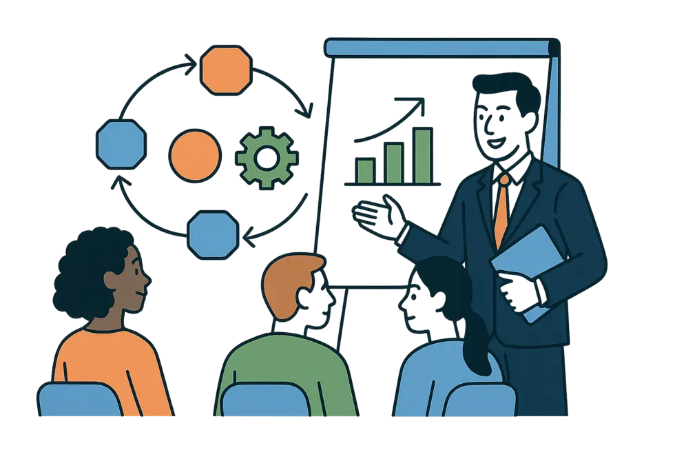 Hình ảnh về quản lý đang dẫn dắt đội ngũ trong buổi workshop coaching skills.