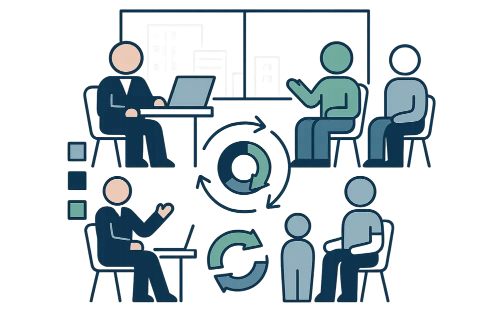 Nhân viên ở các cấp độ khác nhau tham gia chương trình coaching trong văn phòng hiện đại.