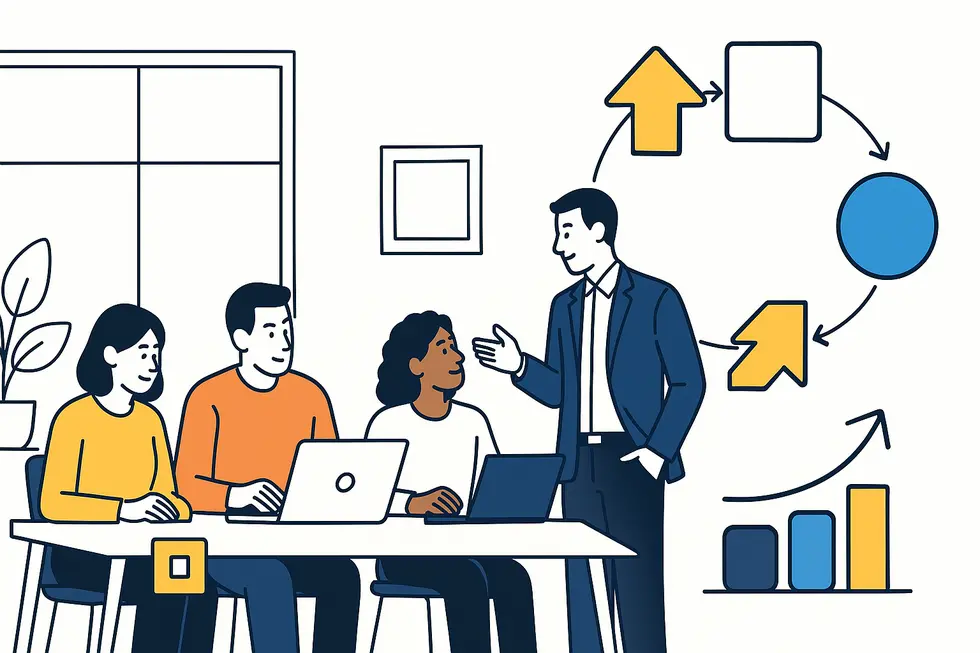 Văn phòng đa dạng với một người quản lý thực hiện coaching với đội nhóm.