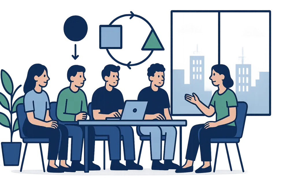 Nhóm nhân viên tham gia micro-coaching, văn phòng hiện đại, cảnh quan thành phố.