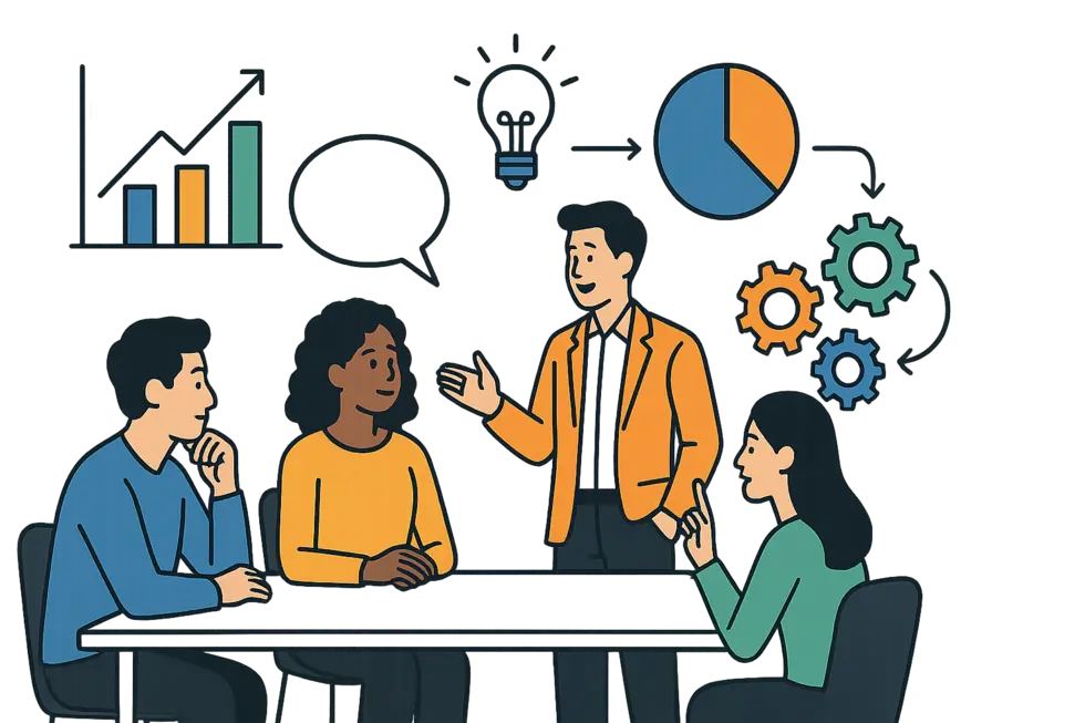 Đội ngũ công ty đang thảo luận sôi nổi, lãnh đạo khuyến khích các ý tưởng sáng tạo.