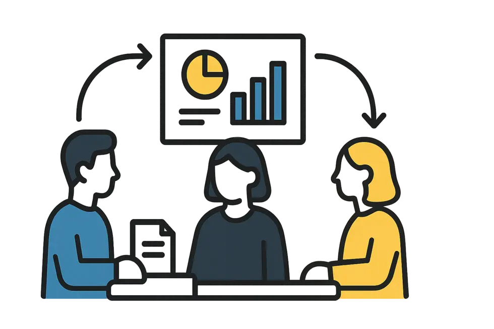 Nhóm người trong buổi họp nhỏ trao đổi tài liệu và thông tin.