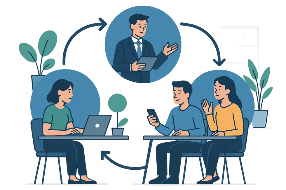 Không gian làm việc hiện đại với quản lý và nhân viên trẻ.