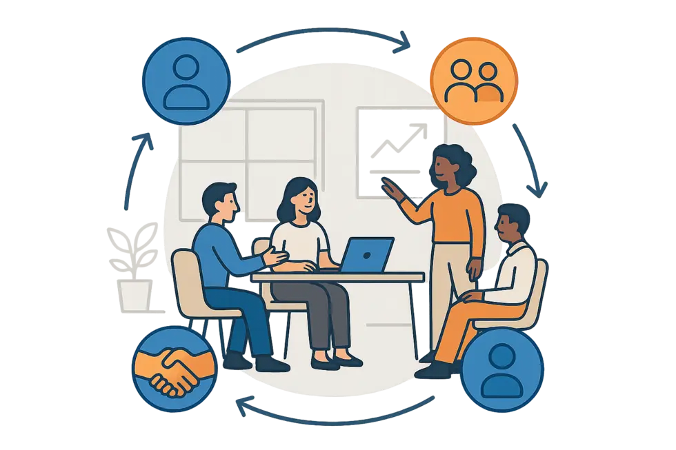 Một buổi huấn luyện tại nơi làm việc, thể hiện văn hóa hỗ trợ lẫn nhau.