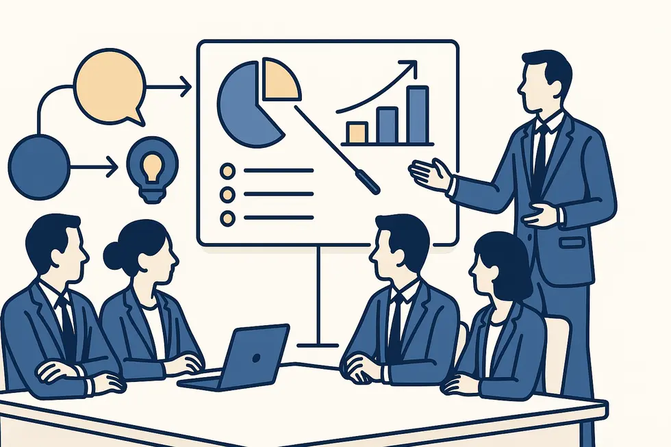 Chuyên viên trình bày trong phòng họp với các quản lý.