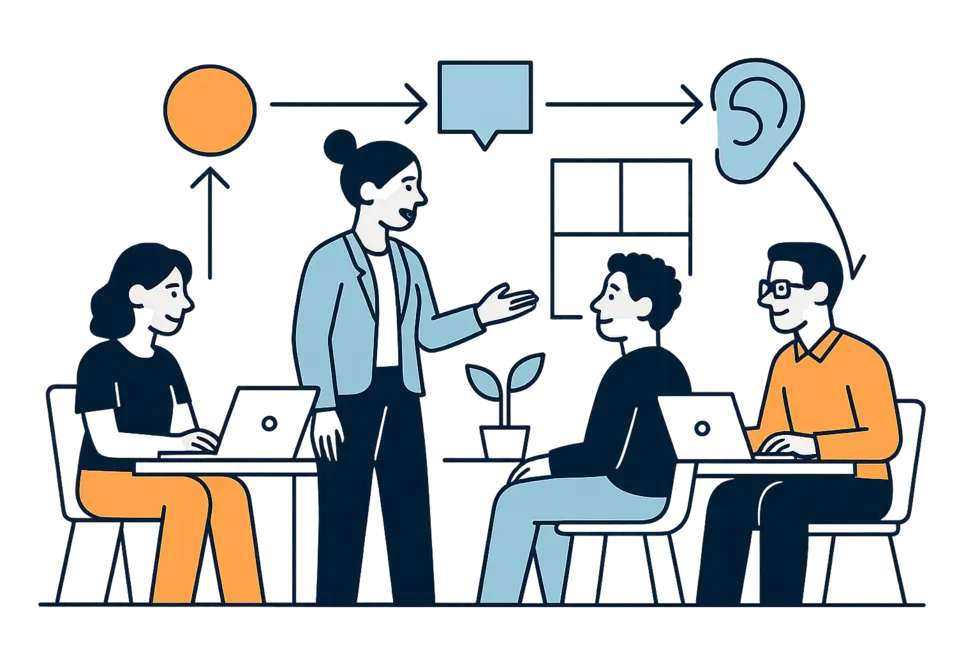 Nhân viên và quản lý trao đổi ý kiến trong văn phòng hiện đại