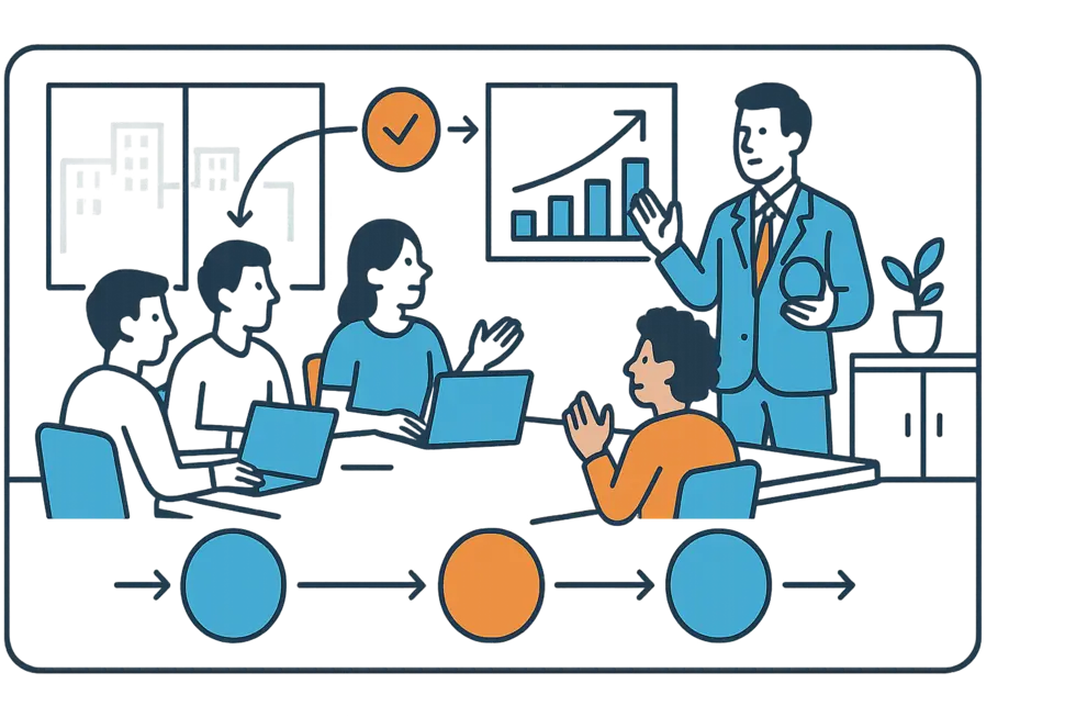 Hình ảnh nhà quản lý đang hướng dẫn đội nhóm trong văn phòng.