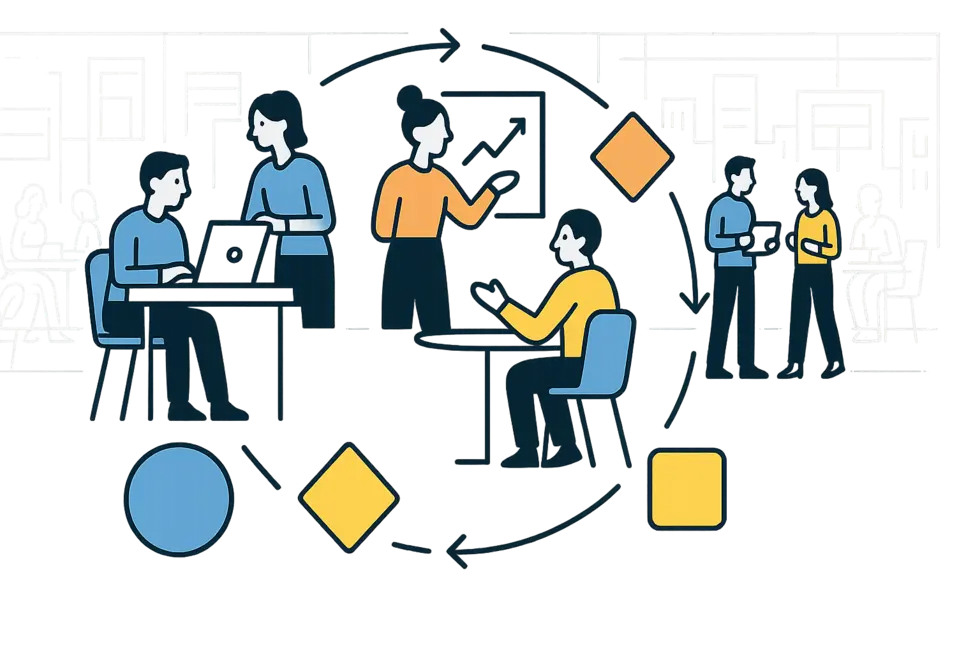 Hình ảnh cảnh quan văn phòng hiện đại với nhân viên tham gia các hoạt động coaching.