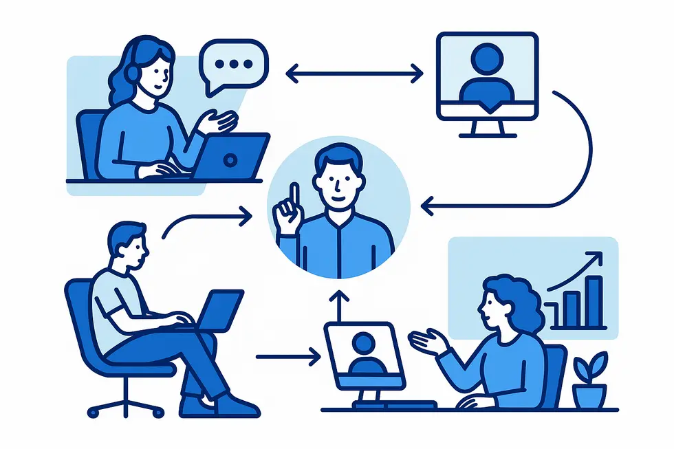 Một văn phòng hiện đại với nhân viên đa dạng đang tham gia vào các hoạt động làm việc từ xa.