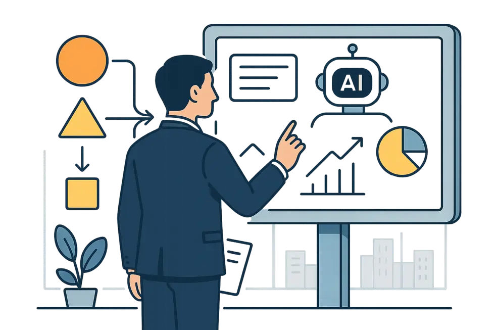 Ảnh một nhà quản lý sử dụng phần mềm AI trong văn phòng hiện đại.