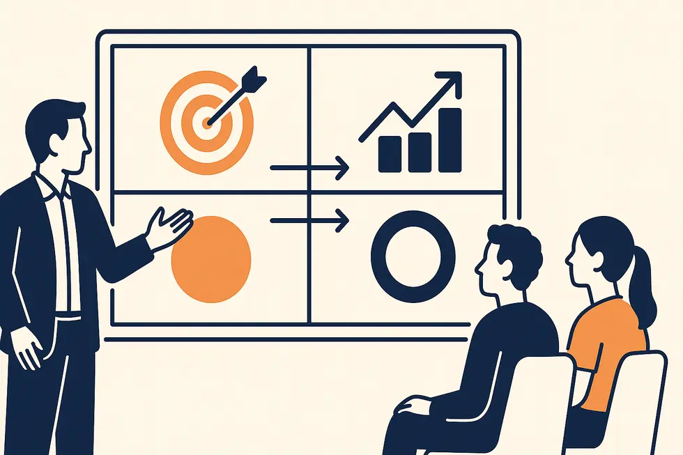 Hình ảnh quản lý và đội nhóm trước biểu đồ KPI và OKR trên màn hình.