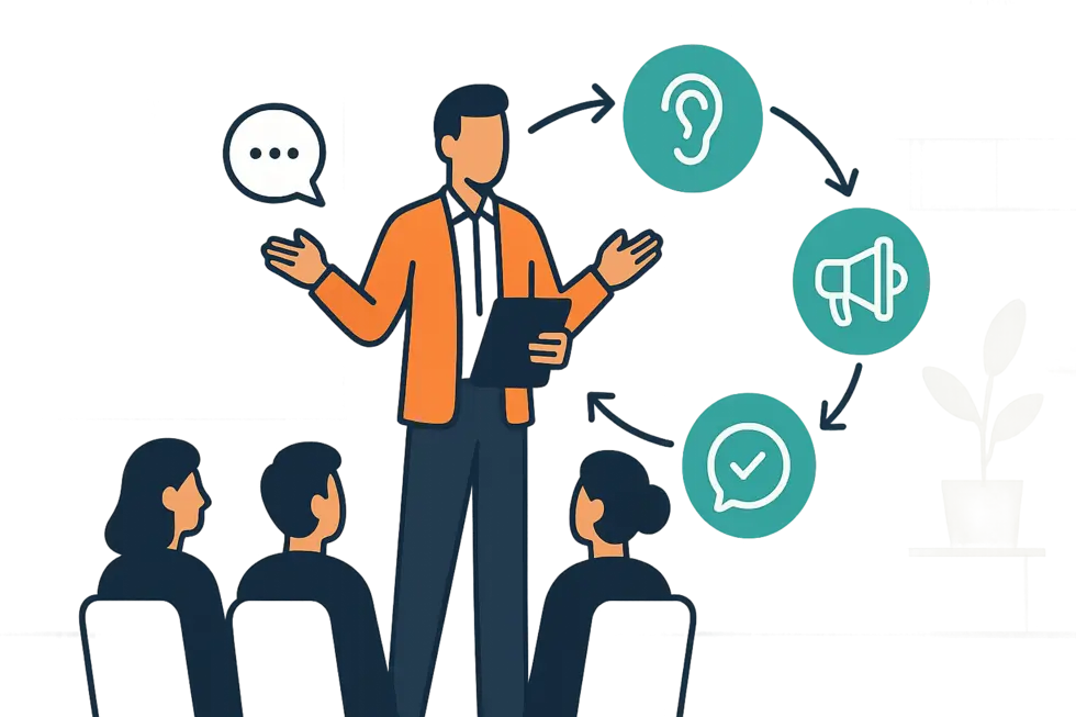 Một quản lý đang giao tiếp với đội ngũ trong văn phòng hiện đại.