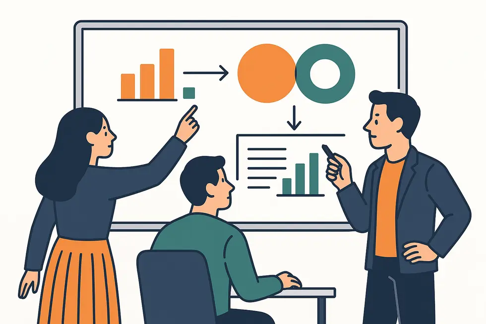 Nhóm quản lý đang phân tích KPI và OKR trên bảng trắng.