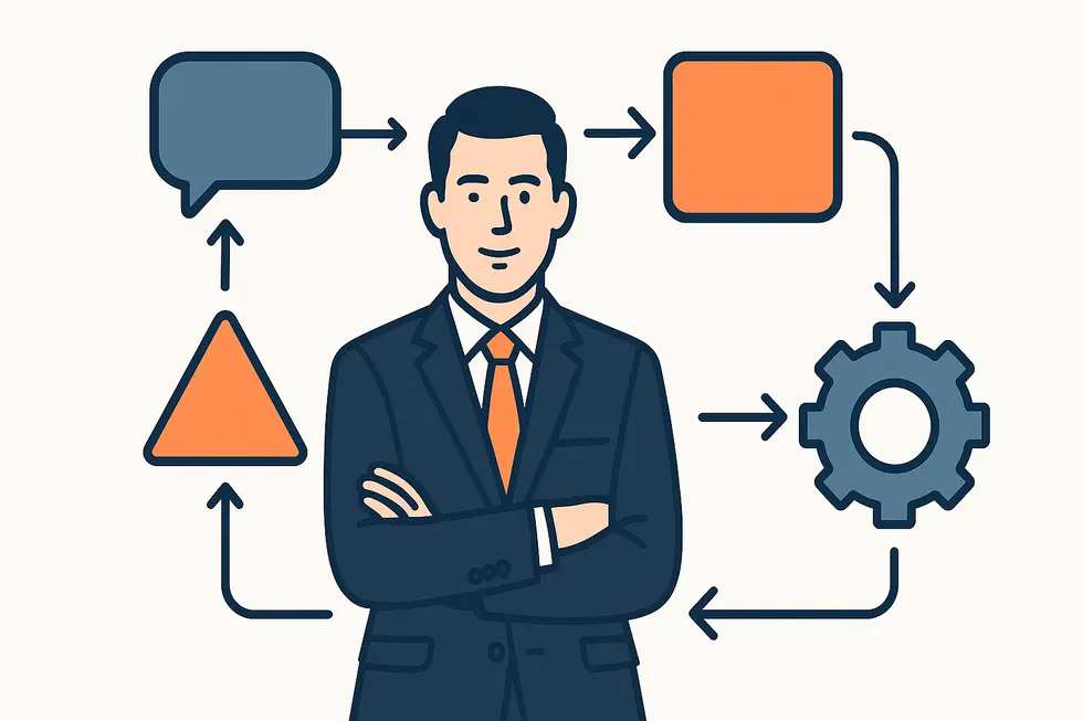 A business manager amidst problem-solving strategies.